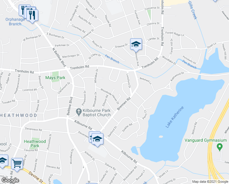 map of restaurants, bars, coffee shops, grocery stores, and more near 4425 Woodside Haven Drive in Columbia