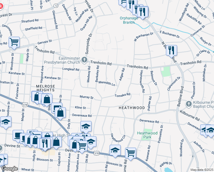 map of restaurants, bars, coffee shops, grocery stores, and more near 1401 Wyndham Road in Columbia
