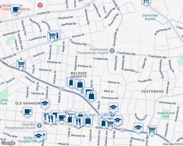 map of restaurants, bars, coffee shops, grocery stores, and more near 1226 Butler Street in Columbia