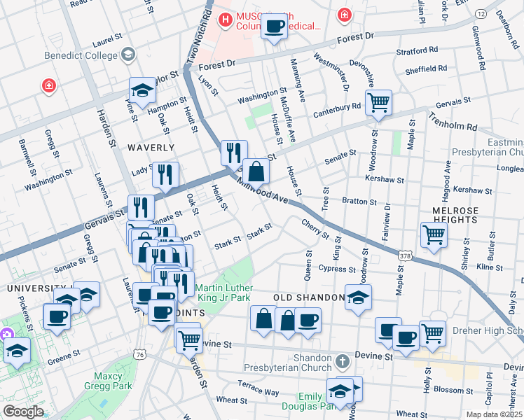 map of restaurants, bars, coffee shops, grocery stores, and more near 988 Heidt Street in Columbia