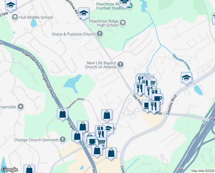 map of restaurants, bars, coffee shops, grocery stores, and more near 1724 Morningdale Circle Northwest in Duluth