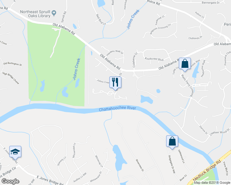 map of restaurants, bars, coffee shops, grocery stores, and more near 703 S River Farm Dr in Alpharetta