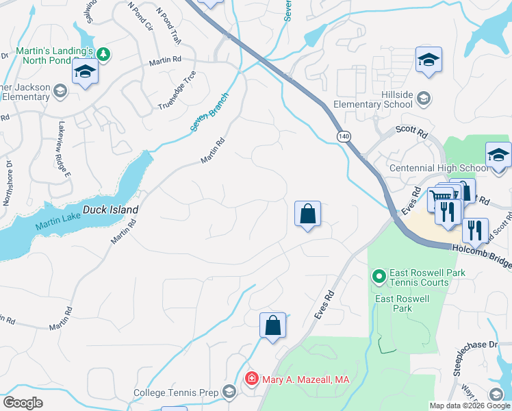 map of restaurants, bars, coffee shops, grocery stores, and more near 2125 Six Branches Drive in Roswell
