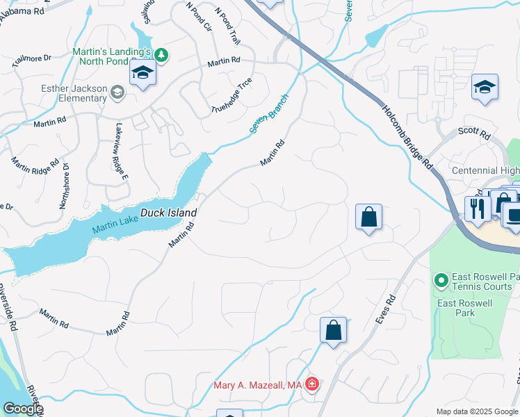 map of restaurants, bars, coffee shops, grocery stores, and more near 2235 Six Branches Drive in Roswell