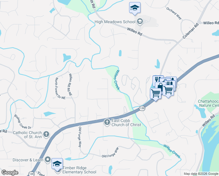 map of restaurants, bars, coffee shops, grocery stores, and more near 5196 Ozark Lane in Marietta