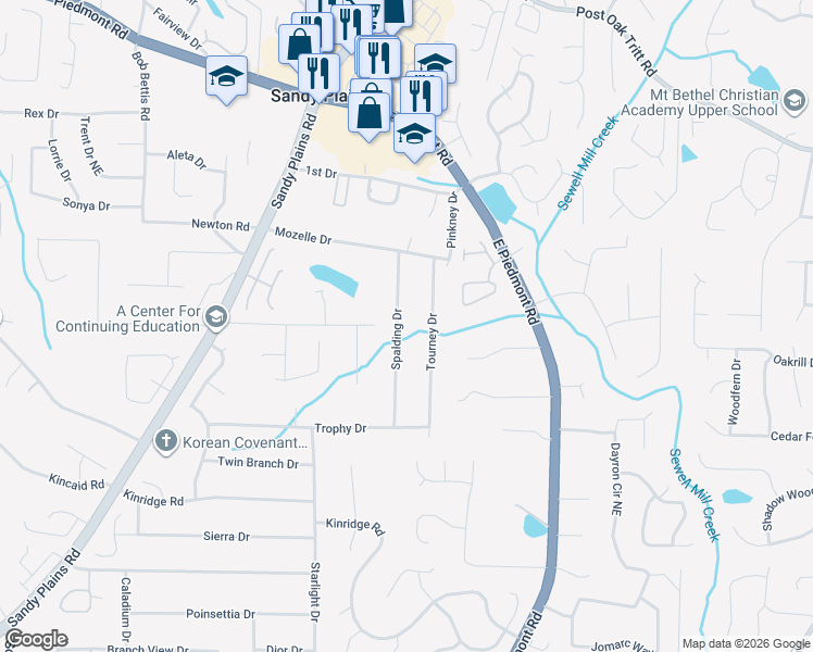 map of restaurants, bars, coffee shops, grocery stores, and more near 2180 Spalding Drive in Marietta