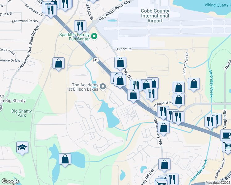 map of restaurants, bars, coffee shops, grocery stores, and more near 1865 Ellison Lakes Court in Kennesaw