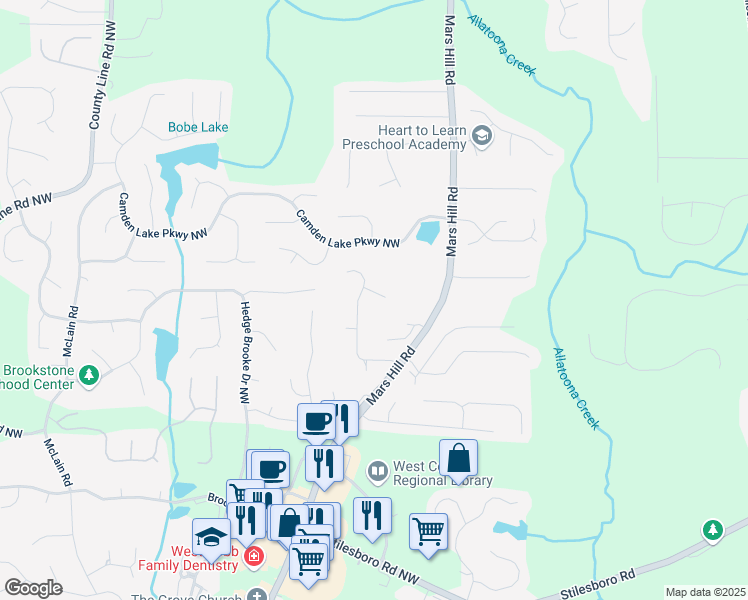map of restaurants, bars, coffee shops, grocery stores, and more near 5153 Elkins Lane in Acworth