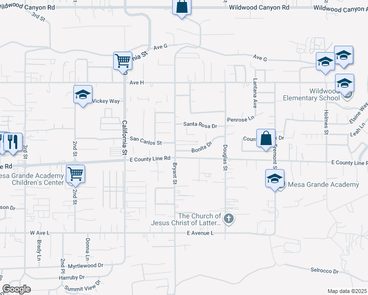 map of restaurants, bars, coffee shops, grocery stores, and more near 35334 Bonita Drive in Yucaipa