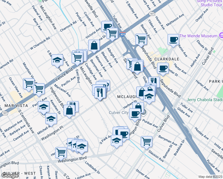 map of restaurants, bars, coffee shops, grocery stores, and more near 3998 Berryman Avenue in Los Angeles
