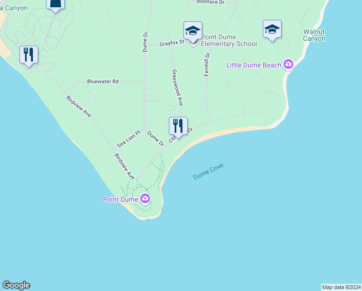 map of restaurants, bars, coffee shops, grocery stores, and more near 29130 Cliffside Drive in Malibu