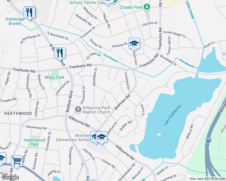 map of restaurants, bars, coffee shops, grocery stores, and more near 4425 Woodside Haven Drive in Columbia