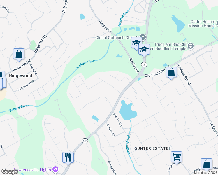 map of restaurants, bars, coffee shops, grocery stores, and more near 1236 Gatewood Drive in Lawrenceville