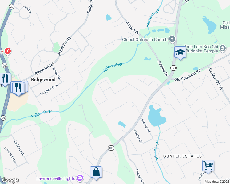 map of restaurants, bars, coffee shops, grocery stores, and more near 977 Pine Lane in Lawrenceville