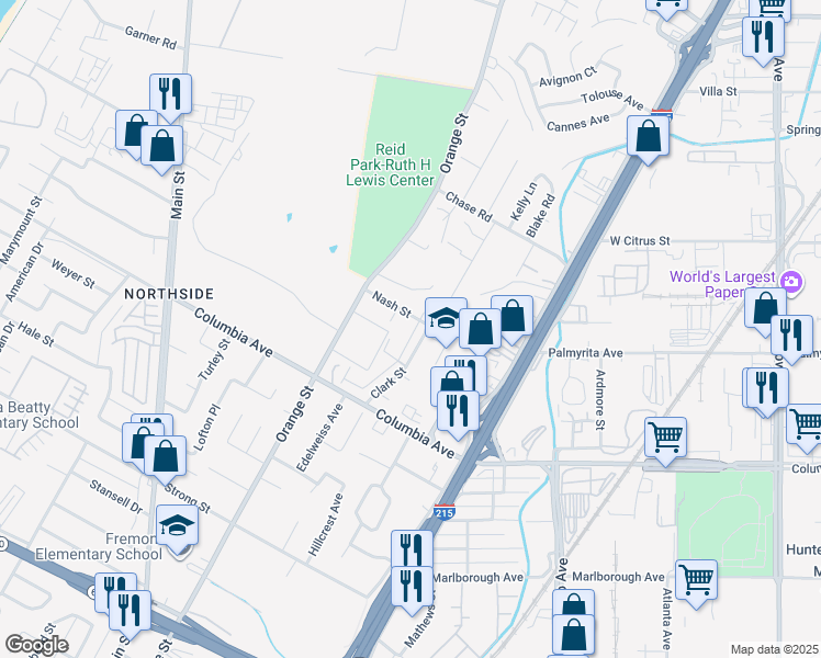 map of restaurants, bars, coffee shops, grocery stores, and more near 3414 Nash Street in Riverside
