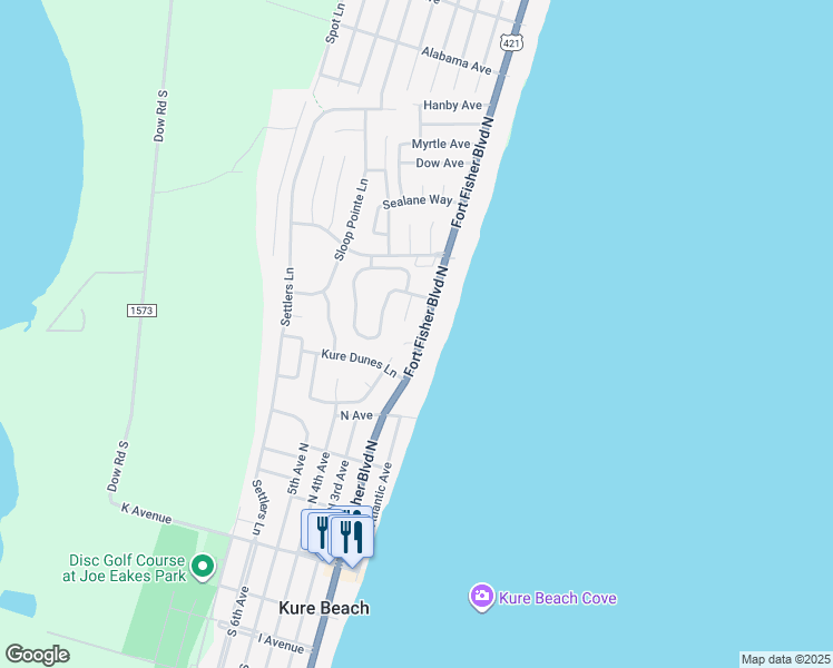 map of restaurants, bars, coffee shops, grocery stores, and more near 461-465 Fort Fisher Boulevard North in Kure Beach