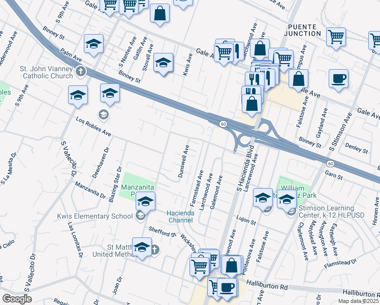map of restaurants, bars, coffee shops, grocery stores, and more near 1529 Dunswell Avenue in Hacienda Heights