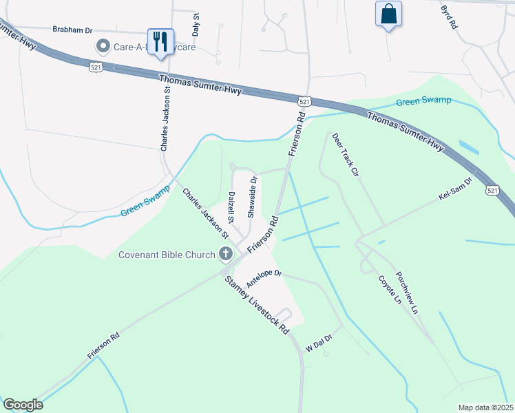 map of restaurants, bars, coffee shops, grocery stores, and more near 2921 Frierson Road in Dalzell
