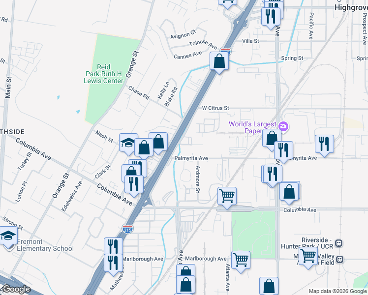 map of restaurants, bars, coffee shops, grocery stores, and more near 1680 Oxford Street in Riverside