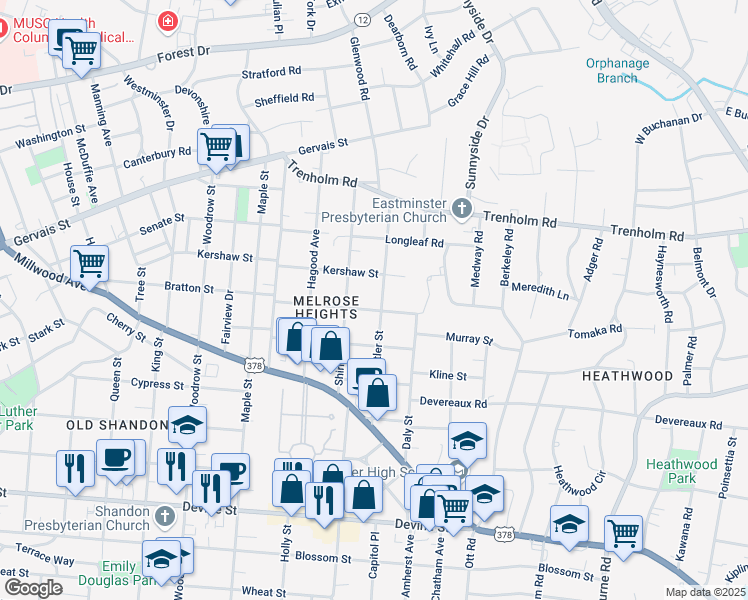 map of restaurants, bars, coffee shops, grocery stores, and more near 1226 Butler Street in Columbia