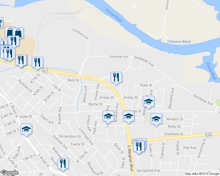map of restaurants, bars, coffee shops, grocery stores, and more near 1001 Alabama 1 in Gadsden