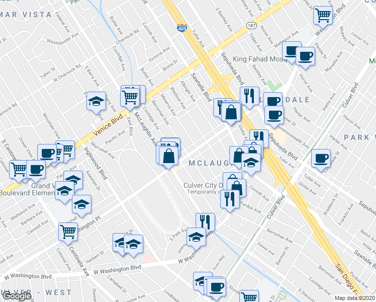map of restaurants, bars, coffee shops, grocery stores, and more near 3998 Berryman Avenue in Los Angeles
