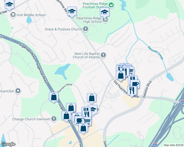 map of restaurants, bars, coffee shops, grocery stores, and more near 1724 Morningdale Circle Northwest in Duluth