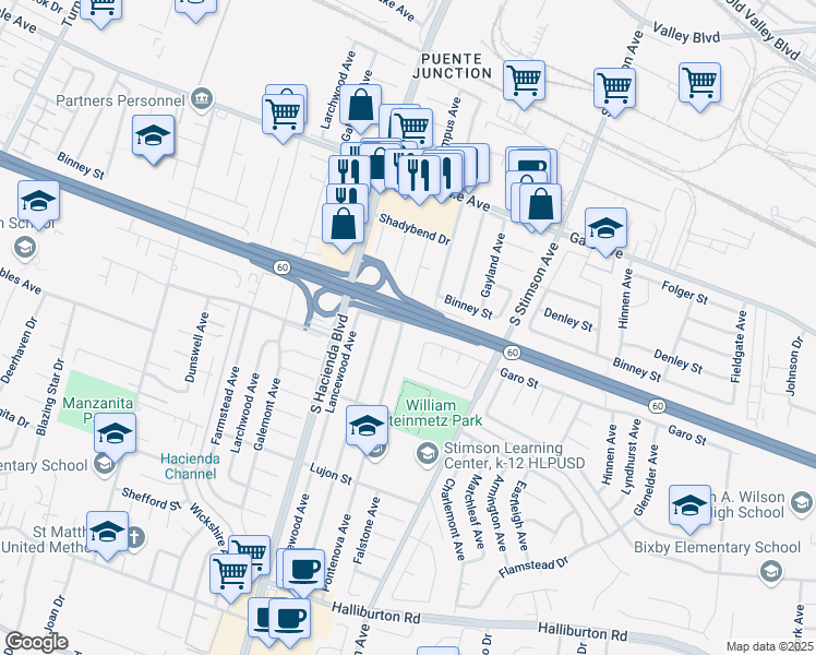 map of restaurants, bars, coffee shops, grocery stores, and more near 1304 Pontenova Avenue in Hacienda Heights