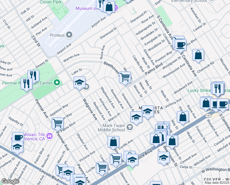 map of restaurants, bars, coffee shops, grocery stores, and more near 3488 Rosewood Avenue in Los Angeles