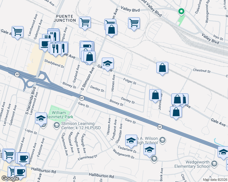 map of restaurants, bars, coffee shops, grocery stores, and more near 1212 Hinnen Avenue in Hacienda Heights