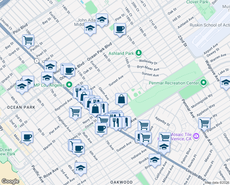 map of restaurants, bars, coffee shops, grocery stores, and more near 3023 Prospect Avenue in Santa Monica