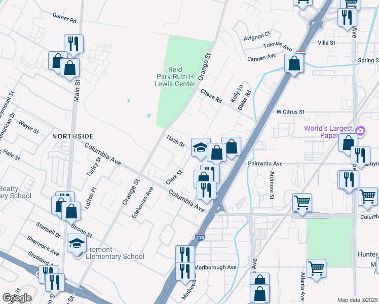 map of restaurants, bars, coffee shops, grocery stores, and more near 1005 Clark Street in Riverside