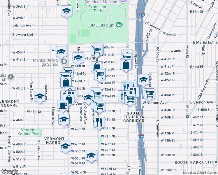 map of restaurants, bars, coffee shops, grocery stores, and more near 639 West 43rd Street in Los Angeles