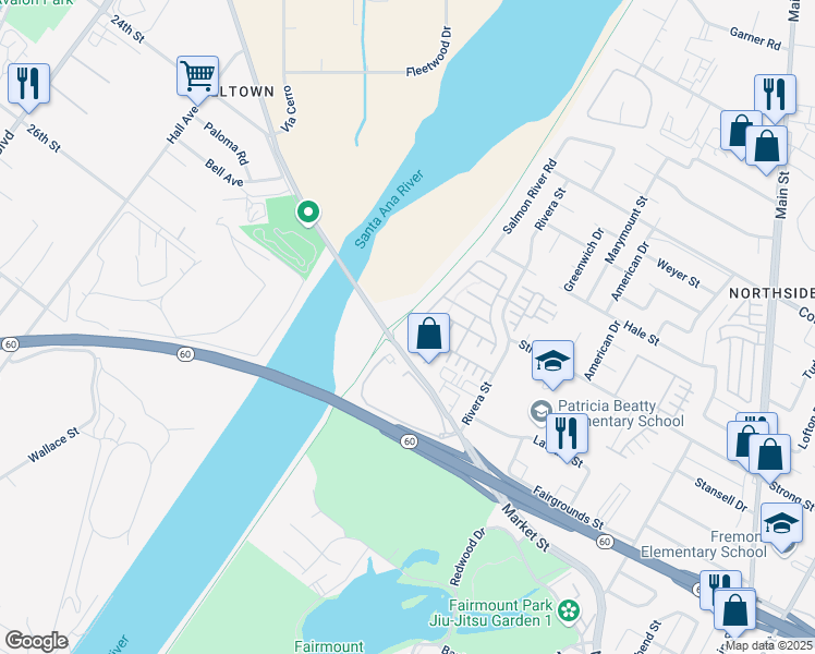 map of restaurants, bars, coffee shops, grocery stores, and more near 1901 Flint Court in Riverside