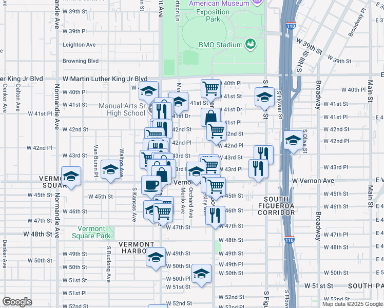map of restaurants, bars, coffee shops, grocery stores, and more near 831 West 43rd Place in Los Angeles