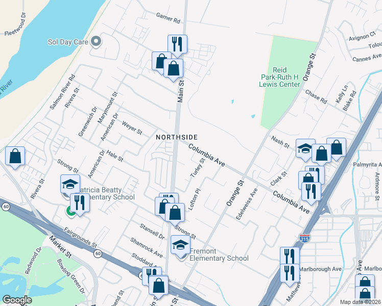 map of restaurants, bars, coffee shops, grocery stores, and more near 3760 Nut Tree Lane in Riverside