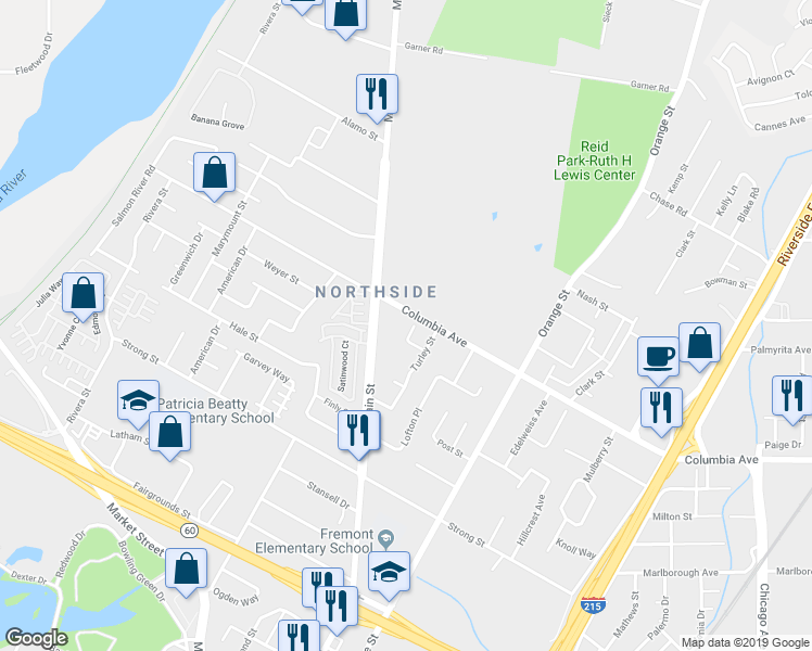 map of restaurants, bars, coffee shops, grocery stores, and more near 3790 Nut Tree Lane in Riverside
