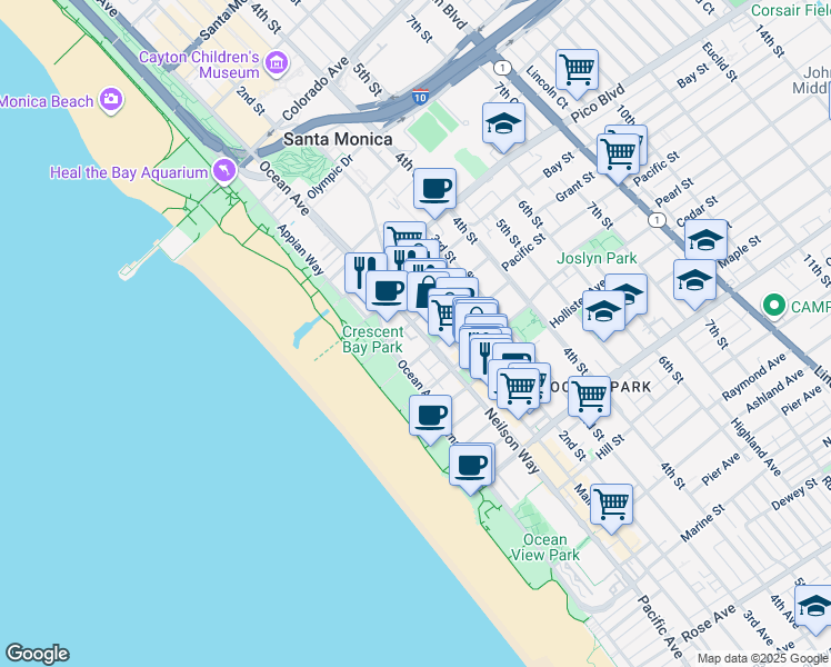 map of restaurants, bars, coffee shops, grocery stores, and more near 2110 Neilson Way in Santa Monica