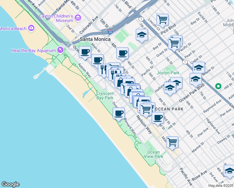 map of restaurants, bars, coffee shops, grocery stores, and more near 2108 Neilson Way in Santa Monica