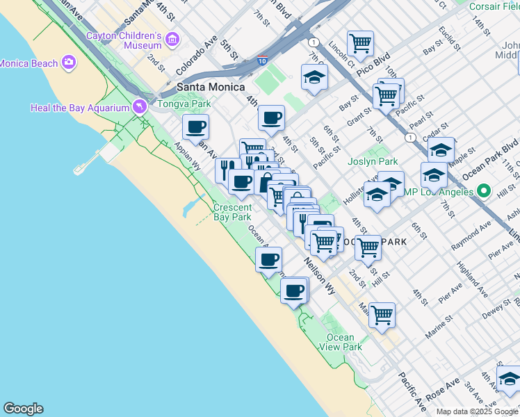 map of restaurants, bars, coffee shops, grocery stores, and more near 2108 Neilson Way in Santa Monica