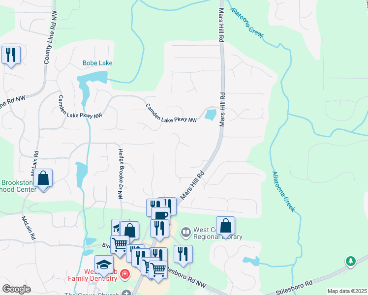 map of restaurants, bars, coffee shops, grocery stores, and more near 5153 Elkins Lane in Acworth