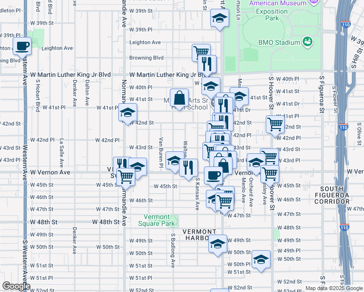 map of restaurants, bars, coffee shops, grocery stores, and more near 4312 Walton Avenue in Los Angeles