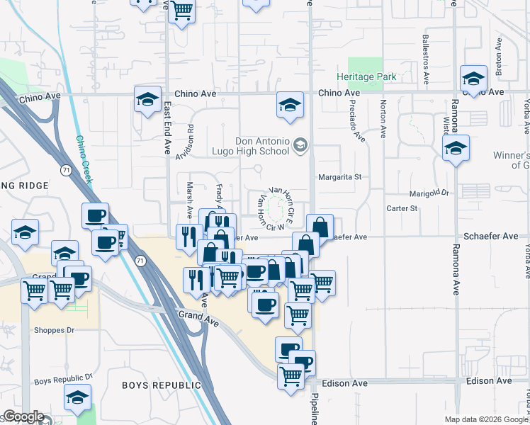 map of restaurants, bars, coffee shops, grocery stores, and more near 3956 Jose Court in Chino