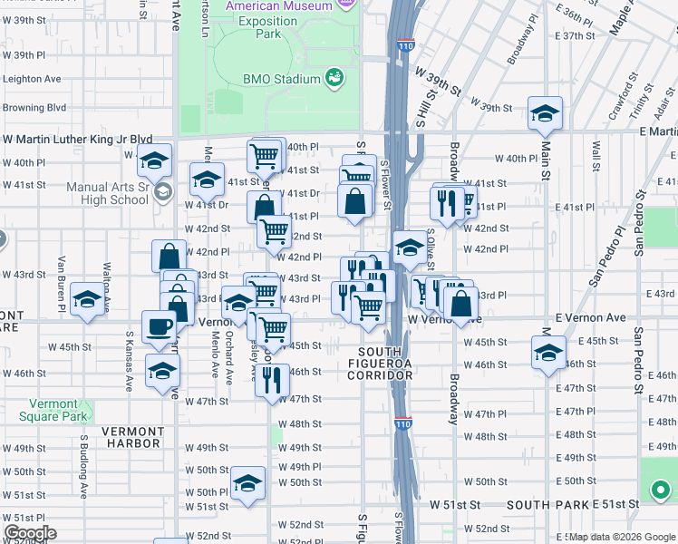 map of restaurants, bars, coffee shops, grocery stores, and more near 549 West 43rd Place in Los Angeles