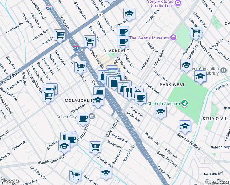 map of restaurants, bars, coffee shops, grocery stores, and more near 4224 Tuller Avenue in Culver City