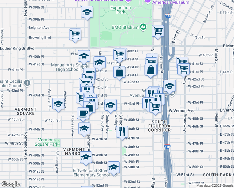 map of restaurants, bars, coffee shops, grocery stores, and more near 807 West 43rd Street in Los Angeles