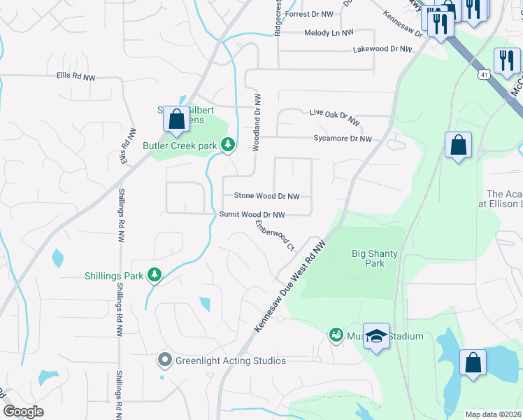 map of restaurants, bars, coffee shops, grocery stores, and more near 7015 Sumit Wood Drive Northwest in Kennesaw