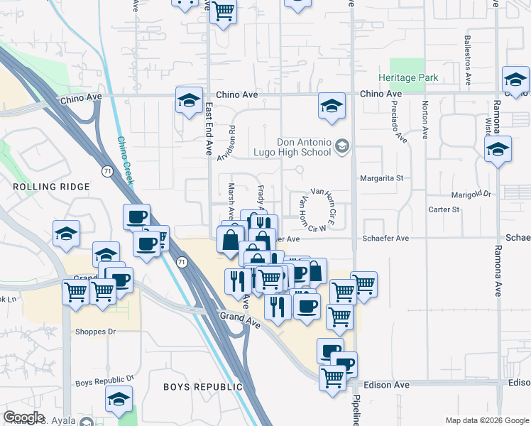 map of restaurants, bars, coffee shops, grocery stores, and more near 13643 Frady Avenue in Chino