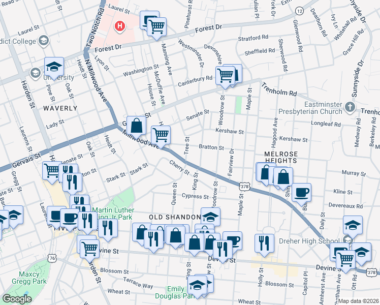 map of restaurants, bars, coffee shops, grocery stores, and more near 2527 Millwood Avenue in Columbia