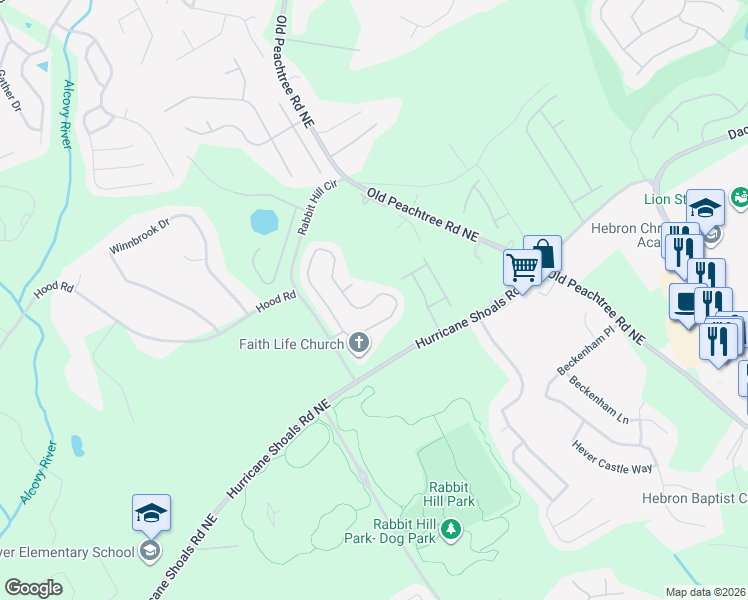 map of restaurants, bars, coffee shops, grocery stores, and more near 2386 Peach Shoals Circle in Dacula